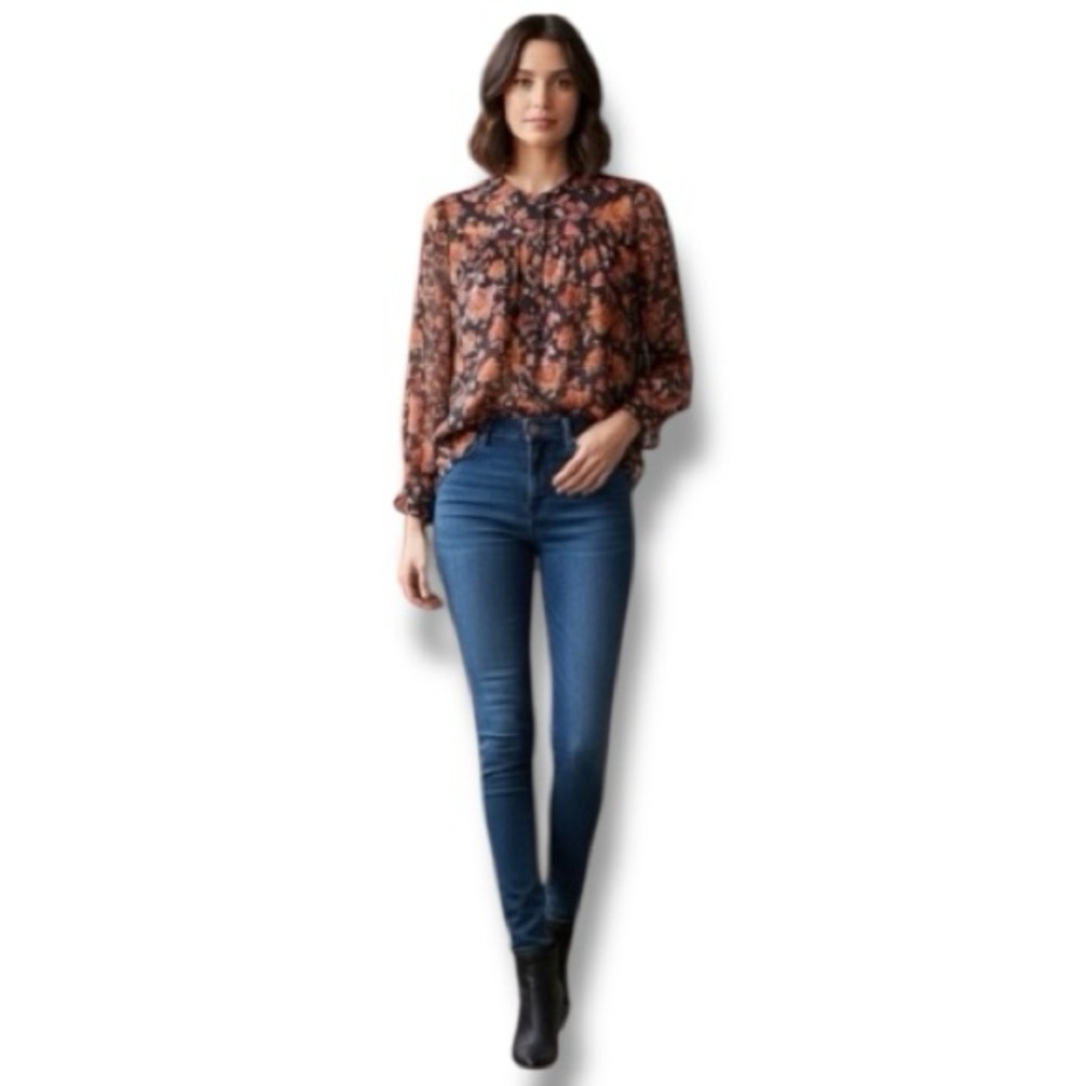 Ophelia Roe Top Black Orange Velvet Floral Texture Sheer Burnout Blouse Tunic 1X